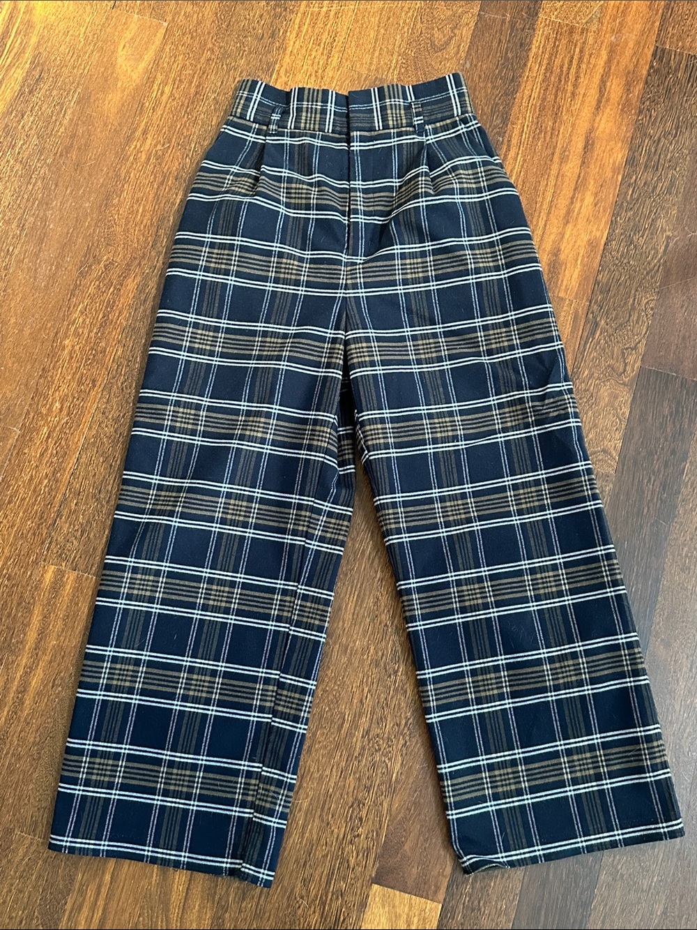 Plaid High-Waist Navy Wide-Leg Trousers